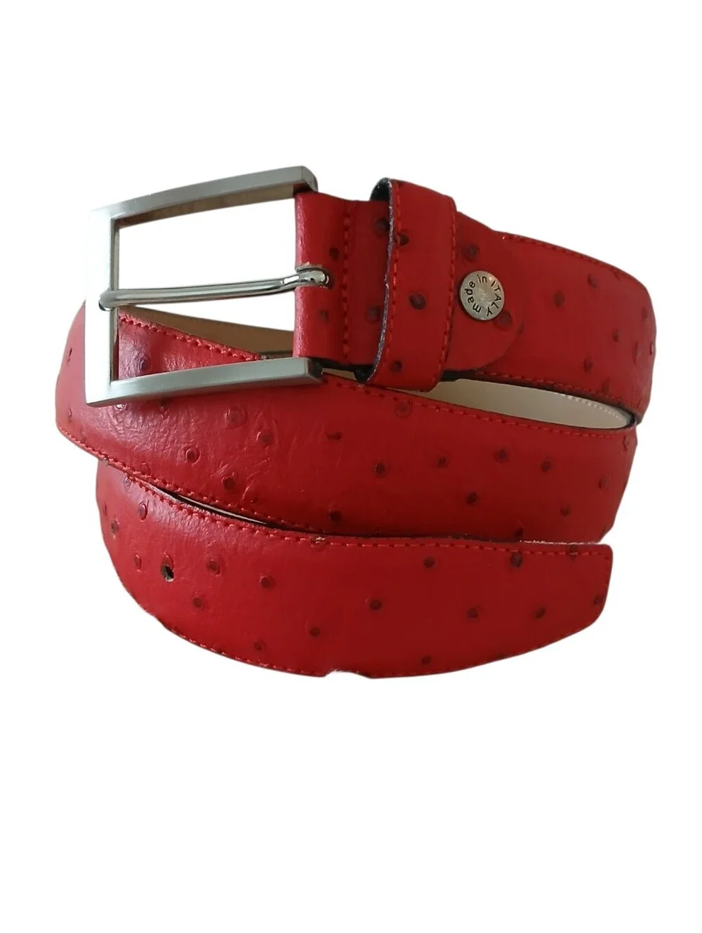 NWOT GP & MAX Unisex 36 Red Full Ostrich Quill Leather Belt Made In Italy Silver